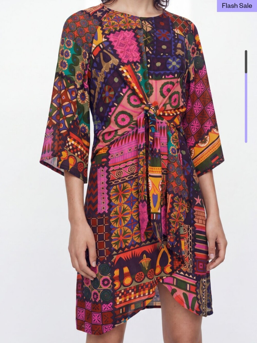 Desigual Multicolor Patchwork Tie-Front Dress - Purple, Pink, Green